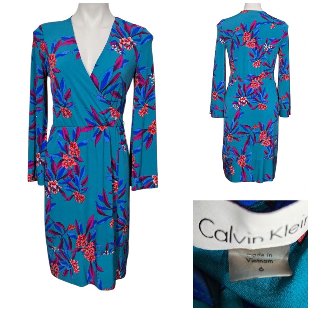 Calvin Klein Teal Floral Faux Wrap Long Sleeve V-Neck Jersey Dress Size 6